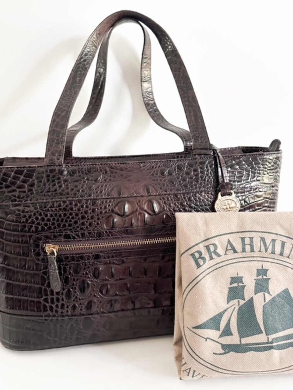 Brahmin Medium Asher Melbourne Croc Embossed Brown Leather Tote with Dustbag